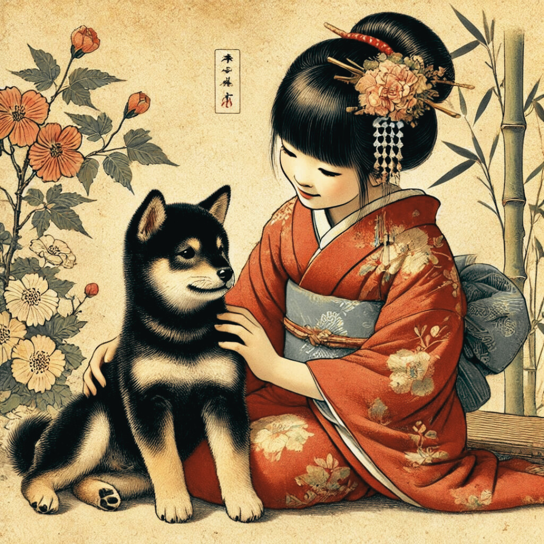 Illustrazione Campodistelle ispirata all'estetica giapponese con Shiba Inu
